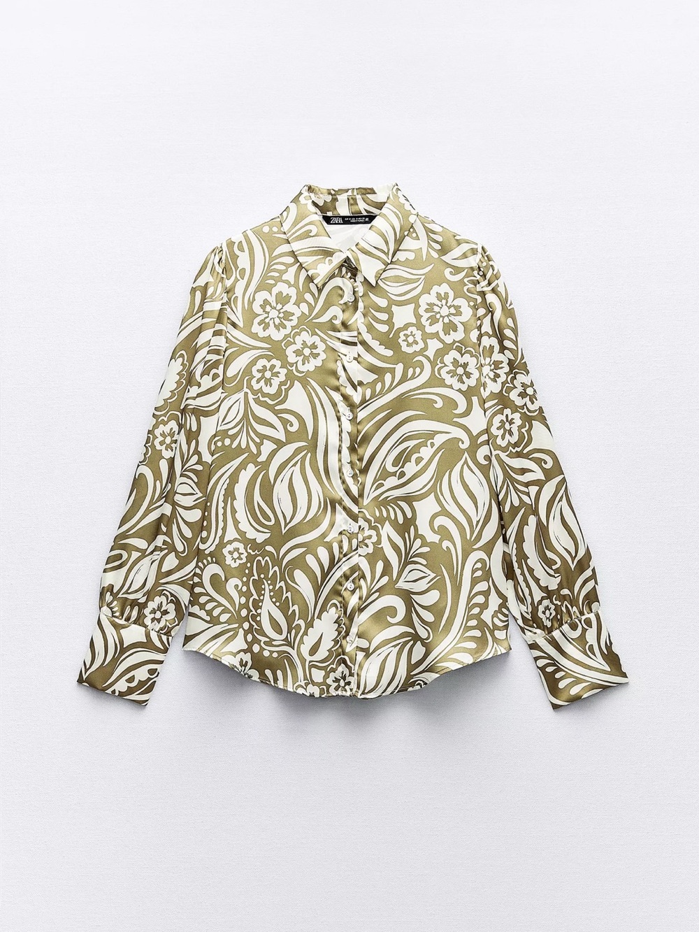 Zara Olive & White Floral-Print Button-Down Shirt